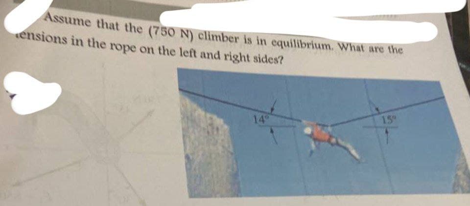 Assume that the (750 N) climber is in equilibrium. What are the
ensions in the rope on the left and right sides?
14°
159