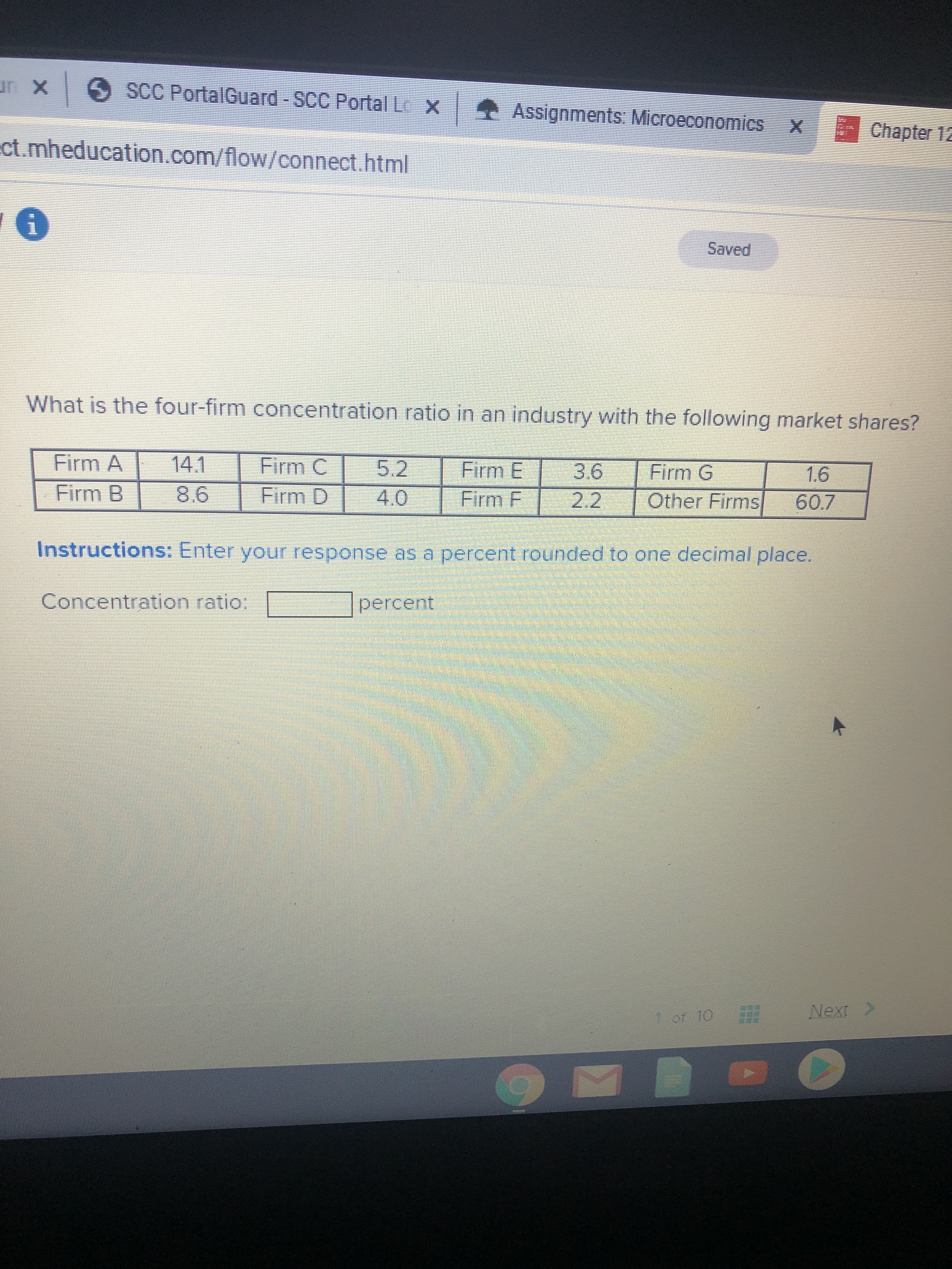 un x
SCC PortalGuard-SCC Portal L X Assignments: Micro
oeco
nomics X Chapter 12
ct.mheducation.com/flow/connect.html
Saved
What is the four-firm concentration ratio in an industry with the following market shares?
Firm A
Firm C
Firm D
14.1
5.2
Firm E
4.0 Firm F
3.6
Firm G
1.6
Firm B
8.6
2.2
Other Firms
60.7
Instructions: Enter your response as a percent rounded to one decimal place.
Concentration ratio:
percent
1 of 10
Next
>
