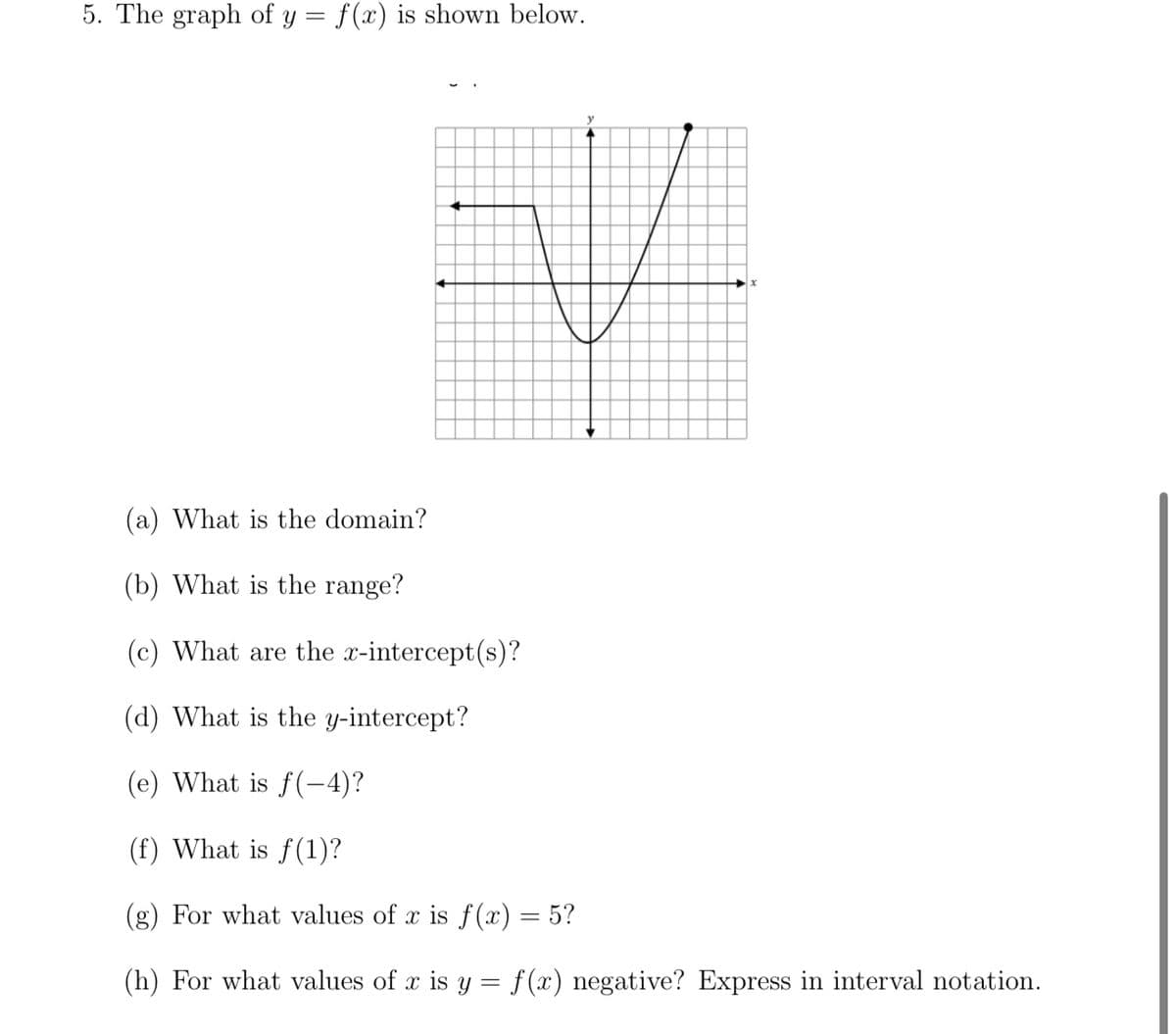 5. The graph of y = f(x) is shown below.
y
(a) What is the domain?
(b) What is the range?
(c) What are the x-intercept(s)?
(d) What is the y-intercept?
(e) What is f(-4)?
(f) What is f(1)?
(g) For what values of x is f(x) = 5?
(h) For what values of x is y = f(x) negative? Express in interval notation.