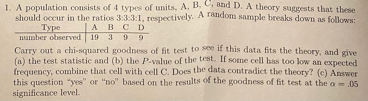 1. A population consists of 4 types of units, A, B, C, and D. A theory suggests that these
should occur in the ratios 3:3:3:1, respectively. A random sample breaks down as follows:
Туре
number observed
A
C D
19
3
9
9.
Carry out a chi-squared goodness of fit test to see if this data fits the theory, and give
(a) the test statistic and (b) the P-value of the tesSt. If some cell has too low an expected
frequency, combine that cell with cell C. Does the data contradict the theory? (c) Answer
this question "yes" or "no" based on the results of the goodness of fit test at the a = .05
significance level.
