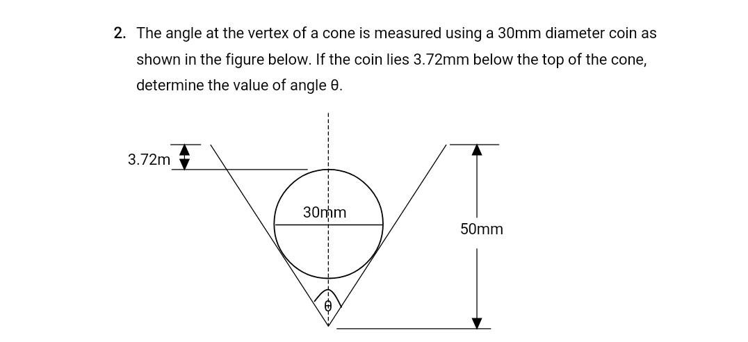 The angle at the vertex of a cone is measured using a 30mm diameter coin as
shown in the figure below. If the coin lies 3.72mm below the top of the cone,
determine the value of angle 0.
