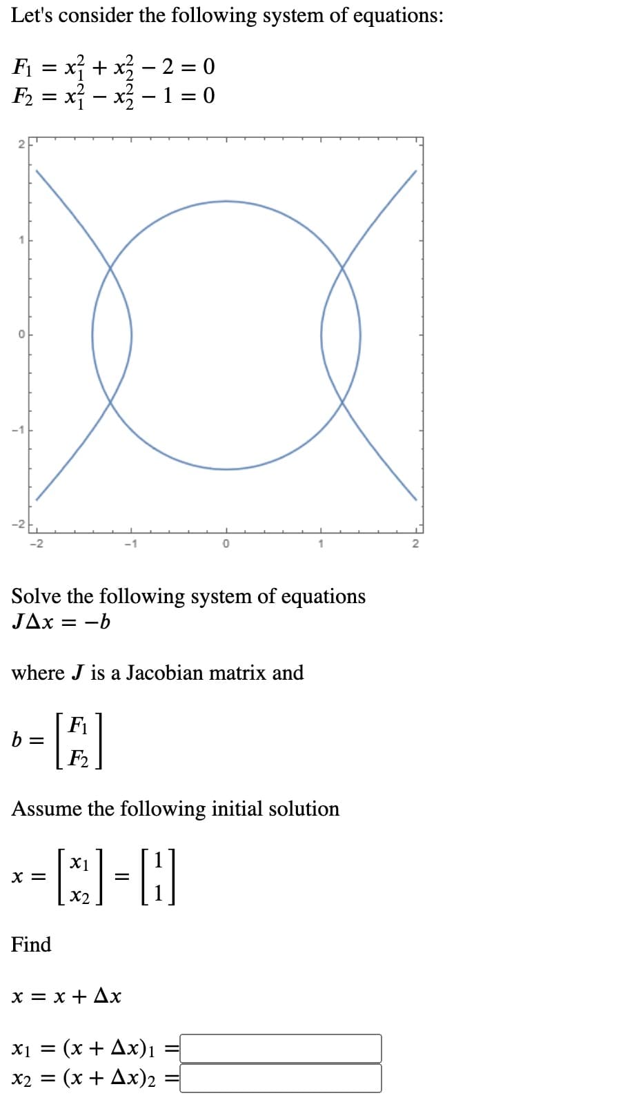 Let's consider the following system of equations:
F₁ = x² + x² − 2 = 0
-
F₂ = x²-x² - 1 = 0
0
Solve the following system of equations
JAx = -b
where J is a Jacobian matrix and
b =
=
Assume the following initial solution
X1
*--0
=
X2
Find
F₁
F₂
x = x + Ax
x₁ =
0
x2 =
(x + Ax)1
(x + Ax)₂
2