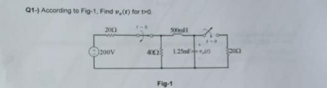 Q1-) According to Fig-1, Find v,(t) for t>0.
2012
200V
1-0
400
500ml1
1.25m 0
Fig-1
2002