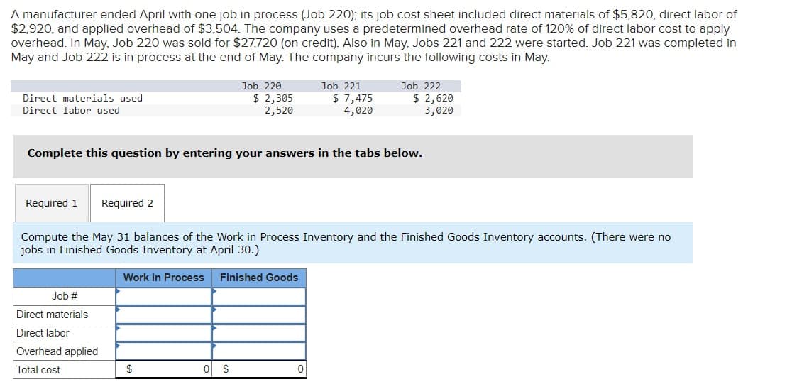 A manufacturer ended April with one job in process (Job 220); its job cost sheet included direct materials of $5,820, direct labor of
$2,920, and applied overhead of $3,504. The company uses a predetermined overhead rate of 120% of direct labor cost to apply
overhead. In May, Job 220 was sold for $27,720 (on credit). Also in May, Jobs 221 and 222 were started. Job 221 was completed in
May and Job 222 is in process at the end of May. The company incurs the following costs in May.
Direct materials used
Direct labor used
Required 1 Required 2
Job #
Direct materials
Direct labor
Overhead applied
Total cost
Job 220
$ 2,305
2,520
Complete this question by entering your answers in the tabs below.
Work in Process Finished Goods
$
Compute the May 31 balances of the Work in Process Inventory and the Finished Goods Inventory accounts. (There were no
jobs in Finished Goods Inventory at April 30.)
0 $
Job 221
$ 7,475
4,020
Job 222
0
$ 2,620
3,020