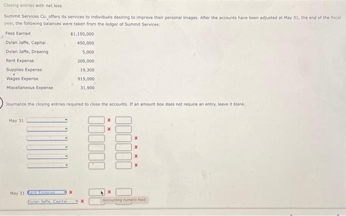 Closing entries with net loss
Summit Services Co. offers its services to individuals desiring to improve their personal images. After the accounts have been adjusted at May 31, the end of the fiscal
year, the following balances were taken from the ledger of Summit Services:
Fees Earned
$1,150,000
450,000
5,000
200,000
19,300
915,000
31,900
Dylan Jaffe, Capital
Dylan Jaffe, Drawing
Rent Expense
Supplies Expense
Wages Expense
Miscellaneous Expense
Journalize the closing entries required to close the accounts. If an amount box does not require an entry, leave it blank.
May 31
May 31 Expense X
Dylan Jaffe, Capital
X
X
000000
X
Accounting numeric field