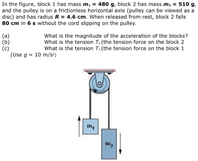 In the figure, block 1 has mass m, = 480 g, block 2 has mass m2 = 510 g,
and the pulley is on a frictionless horizontal axle (pulley can be viewed as a
disc) and has radius R = 4.6 cm. When released from rest, block 2 falls
80 cm in 6 s without the cord slipping on the pulley.
(a)
(b)
(c)
(Use g = 10 m/s²)
What is the magnitude of the acceleration of the blocks?
What is the tension T2 (the tension force on the block 2
What is the tension T1 (the tension force on the block 1
m2
