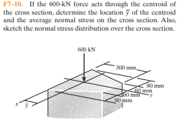 F7-10. If the 600-kN force acts through the centroid of
the cross section, determine the location y of the centroid
and the average normal stress on the cross section. Also,
sketch the normal stress distribution over the cross section.
600 kN
300 mm.
80 mm
80 mm
