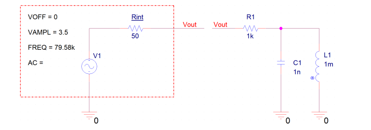 VOFF = 0
VAMPL = 3.5
FREQ = 79.58k
AC =
V1
0
Rint
50
Vout
Vout
R1
1k
HH
0
C1
1n
ши
®
L1
1m
0