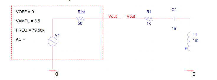 VOFF = 0
VAMPL = 3.5
FREQ = 79.58k
AC =
V1
0
Rint
50
Vout Vout
R1
1k
C1
HH
1n
L1
1m