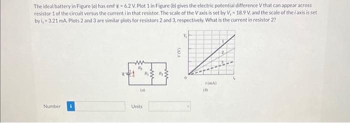 The ideal battery in Figure (a) has emf 8-6.2 V. Plot 1 in Figure (b) gives the electric potential difference V that can appear across
resistor 1 of the circuit versus the current i in that resistor. The scale of the Vaxis is set by V, 18.9 V, and the scale of the i axis is set
by i, 3.21 mA. Plots 2 and 3 are similar plots for resistors 2 and 3, respectively. What is the current in resistor 2?
64
Number
(a)
Units
*(mA)
(8)