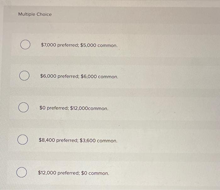 Multiple Choice
O
O
O
$7,000 preferred; $5,000 common.
$6,000 preferred; $6,000 common.
$0 preferred; $12,000common.
$8,400 preferred; $3,600 common.
$12,000 preferred; $0 common.