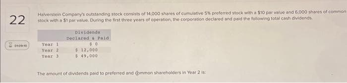 22
Halverstein Company's outstanding stock consists of 14,000 shares of cumulative 5% preferred stock with a $10 par value and 6,000 shares of common
stock with a $1 par value. During the first three years of operation, the corporation declared and paid the following total cash dividends.
2010.10
Year 1
Year 2
Year 3
Dividends
Declared & Paid
$0
$ 12,000
$ 49,000
The amount of dividends paid to preferred and common shareholders in Year 2 is: