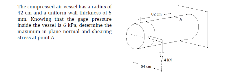 The compressed air vessel has a radius of
42 cm and a uniform wall thickness of 5
82 cm
mm. Knowing that the gage pressure
inside the vessel is 6 kPa, determine the
A
maximum in-plane normal and shearing
stress at point A.
4 kN
54 cm
