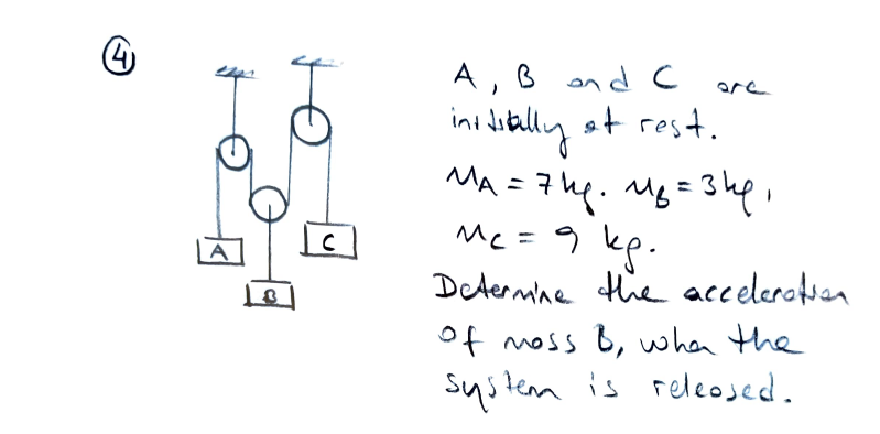 A, B ond C
ini dibally st rest.
MA = 7hq. Mg=3he.
Mc=9 kp.
Determna the acceleratian
are
%3D
A
of moss B, when the
sustem is releojed.
to
