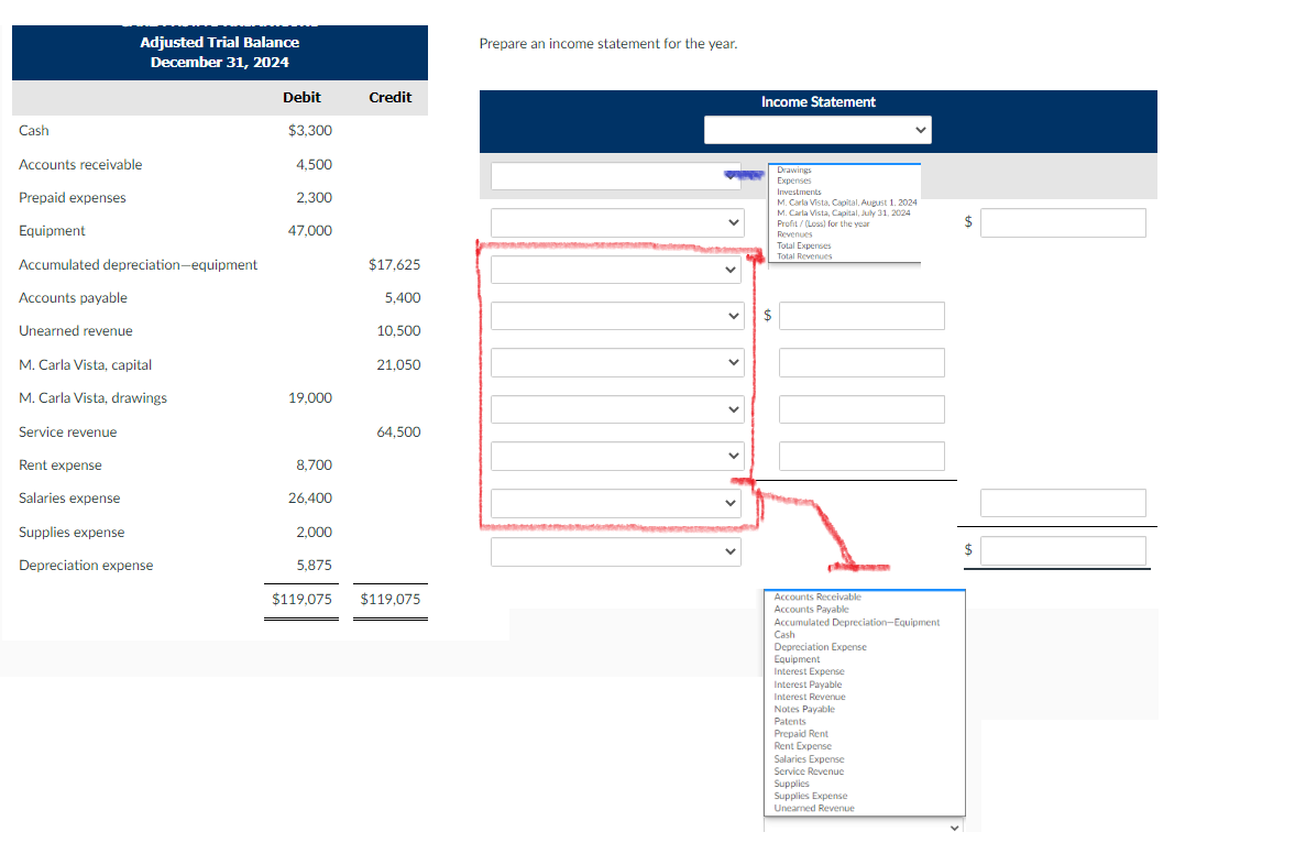 Cash
Adjusted Trial Balance
December 31, 2024
Accounts receivable
Prepaid expenses
Equipment
Accumulated depreciation-equipment
Accounts payable
Unearned revenue
M. Carla Vista, capital
M. Carla Vista, drawings
Service revenue
Rent expense
Salaries expense
Supplies expense
Depreciation expense
Debit
$3,300
4,500
2,300
47,000
19,000
8,700
26,400
2,000
5,875
$119,075
Credit
$17,625
5,400
10,500
21,050
64,500
$119.075
Prepare an income statement for the year.
Income Statement
$
Drawings
Expenses
Investments
M. Carla Vista, Capital, August 1, 2024
M. Carla Vista, Capital, July 31, 2024
Profit/(Loss) for the year
Revenues
Total Expenses
Total Revenues
Accounts Receivable
Accounts Payable
Accumulated Depreciation-Equipment
Cash
Depreciation Expense
Equipment
Interest Expense
Interest Payable
Interest Revenue
Notes Payable
Patents
Prepaid Rent
Rent Expense
Salaries Expense
Service Revenue
Supplies
Supplies Expense
Unearned Revenue
$