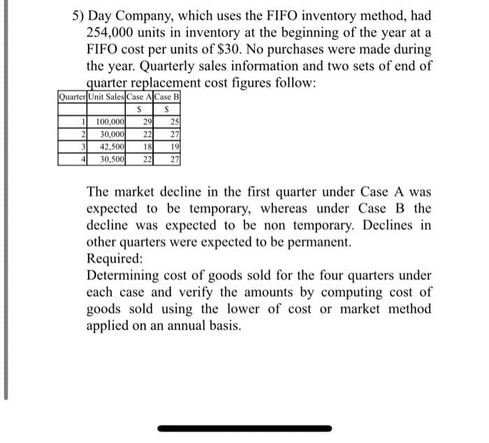 5) Day Company, which uses the FIFO inventory method, had
254,000 units in inventory at the beginning of the year at a
FIFO cost per units of $30. No purchases were made during
the year. Quarterly sales information and two sets of end of
quarter replacement cost figures follow:
Quarter Unit Sales Case A Case B
S $
1
2
3
4
100,000 29
25
30,000 22 27
42,500
18
19
30,500 22
27
The market decline in the first quarter under Case A was
expected to be temporary, whereas under Case B the
decline was expected to be non temporary. Declines in
other quarters were expected to be permanent.
Required:
Determining cost of goods sold for the four quarters under
each case and verify the amounts by computing cost of
goods sold using the lower of cost or market method
applied on an annual basis.