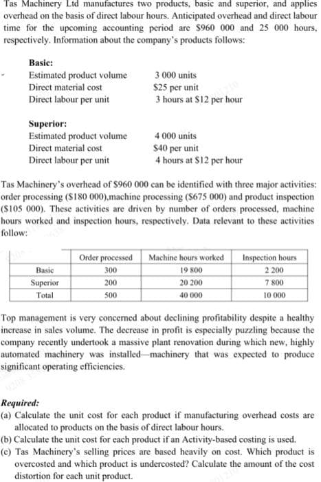 Tas Machinery Ltd manufactures two products, basic and superior, and applies
overhead on the basis of direct labour hours. Anticipated overhead and direct labour
time for the upcoming accounting period are $960 000 and 25 000 hours,
respectively. Information about the company's products follows:
Basic:
Estimated product volume
Direct material cost
Direct labour per unit
Superior:
Estimated product volume
Direct material cost
Direct labour per unit
Basic
Superior
Total
3 000 units
$25 per unit
3 hours at $12 per hour
Tas Machinery's overhead of $960 000 can be identified with three major activities:
order processing ($180 000),machine processing ($675 000) and product inspection
($105 000). These activities are driven by number of orders processed, machine
hours worked and inspection hours, respectively. Data relevant to these activities
follow:
Order processed
300
200
500
4 000 units
$40 per unit
4 hours at $12 per hour
Machine hours worked
19 800
20 200
40 000
Inspection hours
2 200
7:800
10 000
Top management is very concerned about declining profitability despite a healthy
increase in sales volume. The decrease in profit is especially puzzling because the
company recently undertook a massive plant renovation during which new, highly
automated machinery was installed machinery that was expected to produce
significant operating efficiencies.
Required:
(a) Calculate the unit cost for each product if manufacturing overhead costs are
allocated to products on the basis of direct labour hours.
(b) Calculate the unit cost for each product if an Activity-based costing is used.
(c) Tas Machinery's selling prices are based heavily on cost. Which product is
overcosted and which product is undercosted? Calculate the amount of the cost
distortion for each unit product.