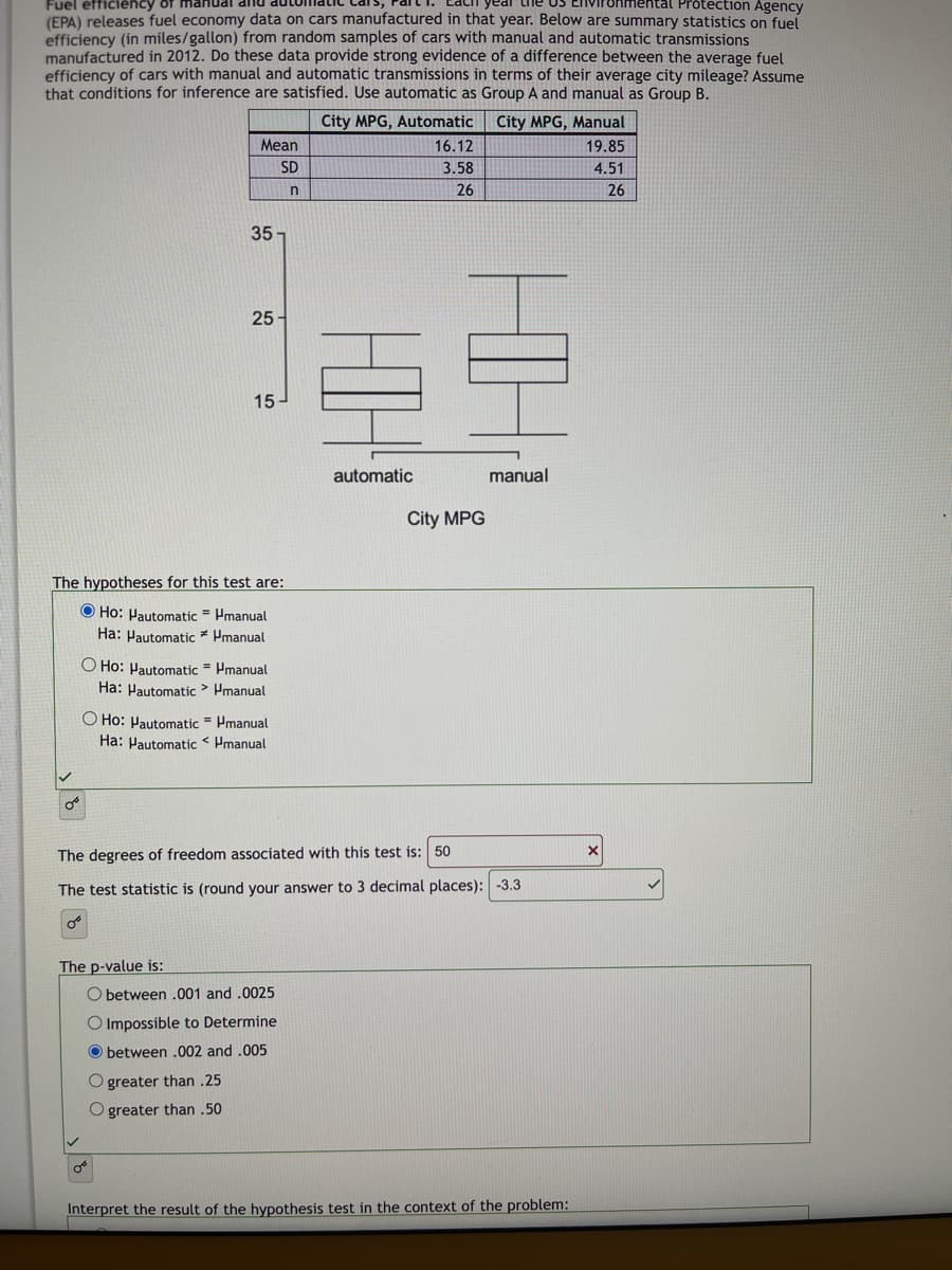 Fuel efficiency
(EPA) releases fuel economy data on cars manufactured in that year. Below are summary statistics on fuel
efficiency (in miles/gallon) from random samples of cars with manual and automatic transmissions
manufactured in 2012. Do these data provide strong evidence of a difference between the average fuel
efficiency of cars with manual and automatic transmissions in terms of their average city mileage? Assume
that conditions for inference are satisfied. Use automatic as Group A and manual as Group B.
City MPG, Manual
City MPG, Automatic
16.12
19.85
3.58
4.51
26
26
0°
O
The hypotheses for this test are:
Ho: Hautomatic = Hmanual
Ha: Hautomatic * Hmanual
Mean
SD
n
35-
The p-value is:
25-
O Ho: Pautomatic = Hmanual
Ha: Hautomatic Hmanual
OB
15-
O Ho: Hautomatic = manual
Ha: Hautomatic Hmanual
Ogreater than .25
O greater than .50
The degrees of freedom associated with this test is: 50
The test statistic is (round your answer to 3 decimal places): -3.3
O between .001 and .0025
O Impossible to Determine
Obetween .002 and .005
automatic
City MPG
manual
Interpret the result of the hypothesis test in the context of the problem: