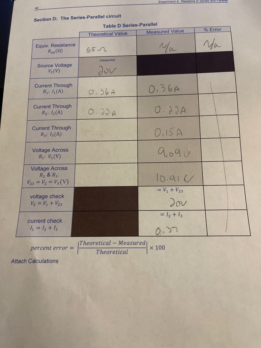 Experiment 4: Resistors in Series and Par
46
Section D: The Series-Parallel circuit
Table D Series-Parallel
Theoretical Value
Measured Value
% Error
Equiv. Resistance
Reg (N)
Mu
Yu
552
measured
Source Voltage
Vs(V)
Current Through
R1: 1, (A)
0.36A
0.36A
Current Through
R2: 12(A)
0.23 A
0.22A
Current Through
R3: 13(A)
0.15A
Voltage Across
R1: V (V)
9.090
Voltage Across
R2 & R3:
V23 = V2 = V3 (V)
10.91
= V1 + V23
voltage check
Vs = V + V23
Jov
= I2 + I3
current check
4 = 12+ 13
0.37
Theoretical - Measured
percent error =
х 100
Theoretical
Attach Calculations
