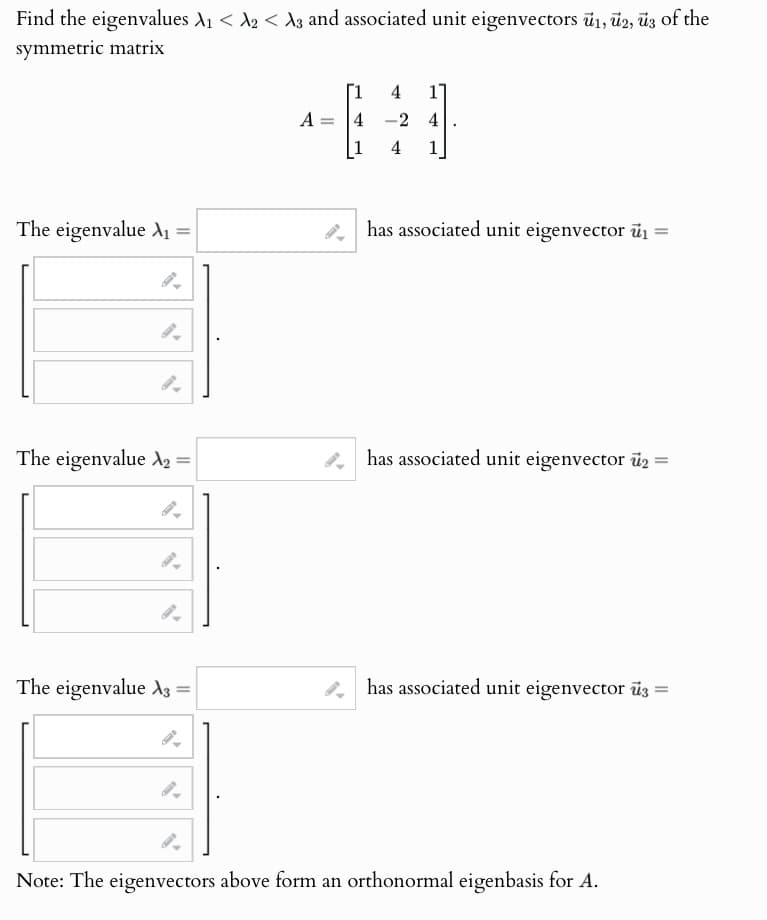 Find the eigenvalues A1 < 2 < A3 and associated unit eigenvectors 1, 2, 3 of the
symmetric matrix
[1
4 1
A
4
-2 4
4
1
The eigenvalue A₁ =
has associated unit eigenvector ₁ =
The eigenvalue A₂ =
has associated unit eigenvector u₂ =
The eigenvalue A3 =
has associated unit eigenvector 3 =
Note: The eigenvectors above form an orthonormal eigenbasis for A.