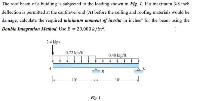 The roof beam of a buidling is subjected to the loading shown in Fig. 1. If a maximum 3/8 inch
deflection is permitted at the cantilever end (A) before the ceiling and roofing materials would be
damage, calculate the required minimum moment of inerita in inches for the beam using the
Double Integration Method. Use E = 29,000 k /in?.
2.4 kips
0.72 kip/ft
0.48 kip/ft
A
10
10'
Fig. 1
