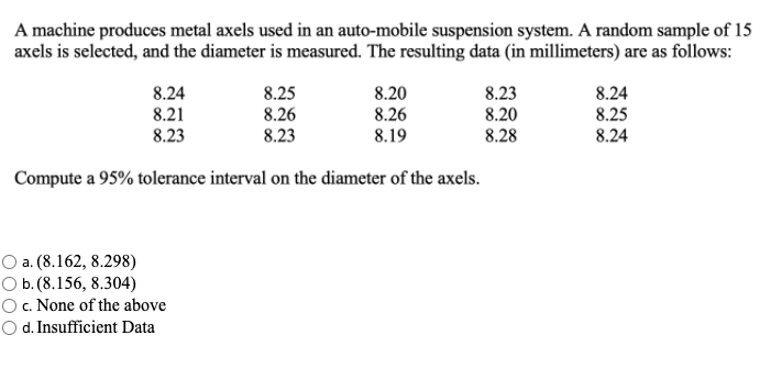 A machine produces metal axels used in an auto-mobile suspension system. A random sample of 15
axels is selected, and the diameter is measured. The resulting data (in millimeters) are as follows:
8.24
8.25
8.20
8.23
8.24
8.21
8.23
8.26
8.26
8.20
8.25
8.23
8.19
8.28
8.24
Compute a 95% tolerance interval on the diameter of the axels.
O a. (8.162, 8.298)
O b.(8.156, 8.304)
Oc. None of the above
O d. Insufficient Data
