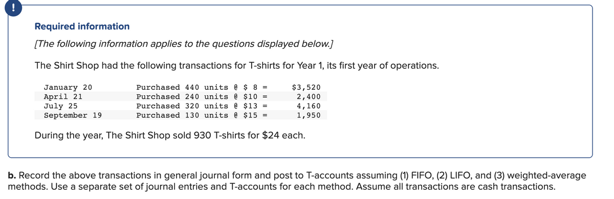 !
Required information
[The following information applies to the questions displayed below.]
The Shirt Shop had the following transactions for T-shirts for Year 1, its first year of operations.
January 20
April 21
Purchased 440 units @ $ 8 =
Purchased 240 units @ $10
Purchased 320 units @ $13 =
Purchased 130 units @ $15
$3,520
2,400
July 25
4,160
September 19
1,950
During the year, The Shirt Shop sold 930 T-shirts for $24 each.
=
b. Record the above transactions in general journal form and post to T-accounts assuming (1) FIFO, (2) LIFO, and (3) weighted-average
methods. Use a separate set of journal entries and T-accounts for each method. Assume all transactions are cash transactions.