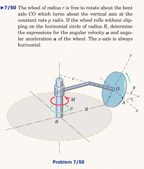 ▶7/50 The wheel of radius r is free to rotate about the bent
axle Co which turns about the vertical axis at the
constant rate p rad/s. If the wheel rolls without slip-
ping on the horizontal circle of radius R, determine
the expressions for the angular velocity w and angu-
lar acceleration a of the wheel. The x-axis is always
horizontal.
B
M
P
Problem 7/50
x