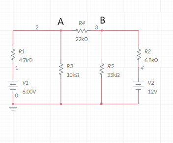 A
В
R4
3
22k
R1
R2
4.7k2
6.8k2
R3
R5
4
10k2
33k2
V1
V2
6.00V
12V
