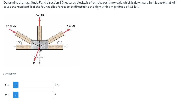 Determine the magnitude Fand direction e (measured clockwise from the positive y-axis which is downward in this case) that will
cause the resultant R of the four applied forces to be directed to the right with a magnitude of 6.5 kN.
7.0 kN
12.9 kN
7.4 kN
26
26°
F y
Answers:
F =
kN
i
