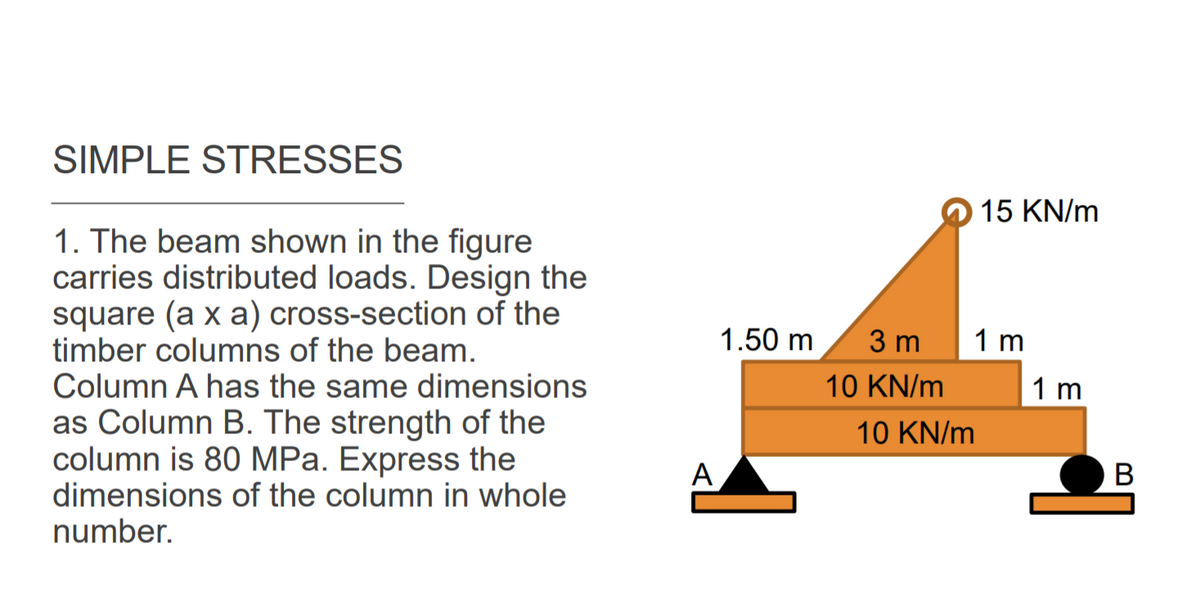 SIMPLE STRESSES
15 KN/m
1. The beam shown in the figure
carries distributed loads. Design the
square (a x a) cross-section of the
timber columns of the beam.
Column A has the same dimensions
1.50 m
3 m
1 m
10 KN/m
1 m
as Column B. The strength of the
column is 80 MPa. Express the
dimensions of the column in whole
number.
10 KN/m
A
В
