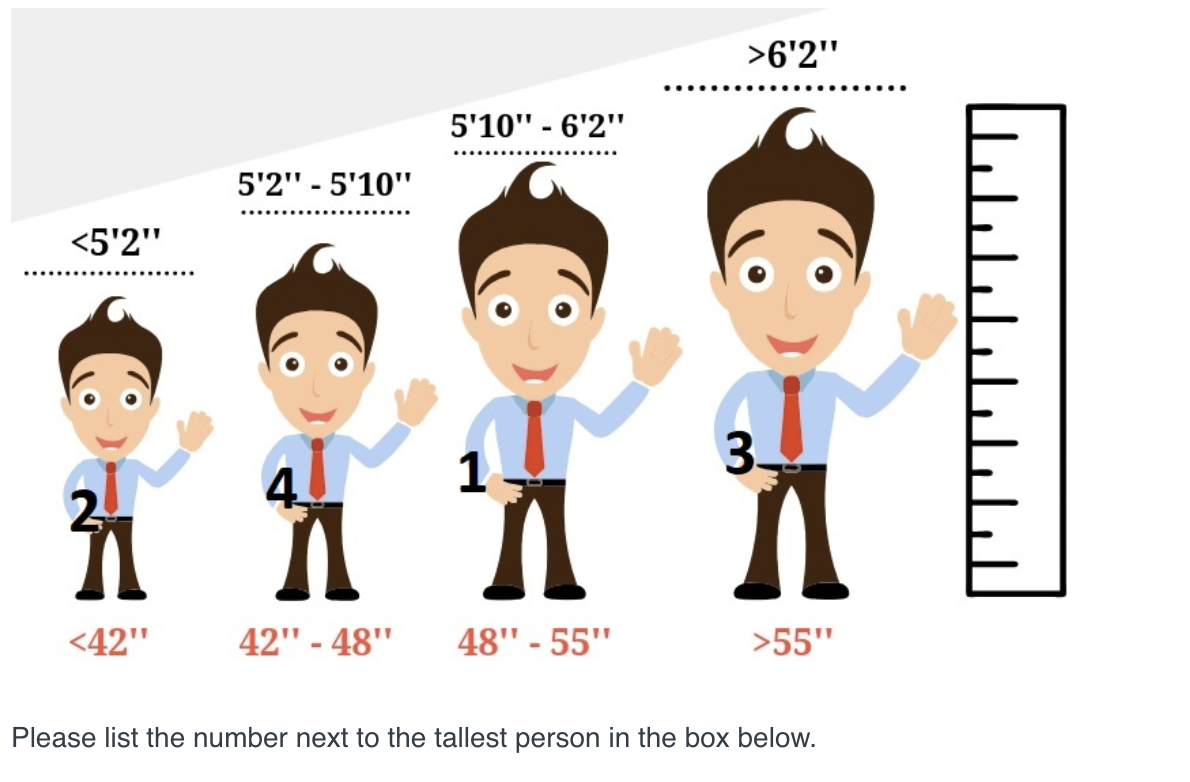 **Height Comparison Chart**

In this educational diagram, four individuals are illustrated to represent different height ranges. Each individual is labeled with a number for identification. 

1. **Individual 2**: 
   - **Height**: Less than 5'2" (also less than 42 inches).
   - **Description**: This individual is the shortest among all and is situated on the far left of the diagram.

2. **Individual 4**:
   - **Height**: Between 5'2" and 5'10" (also between 42 and 48 inches).
   - **Description**: This individual is the second shortest and is positioned second from the left.

3. **Individual 1**:
   - **Height**: Between 5'10" and 6'2" (also between 48 and 55 inches).
   - **Description**: This individual is the second tallest and is placed third from the left.

4. **Individual 3**:
   - **Height**: Greater than 6'2" (also greater than 55 inches).
   - **Description**: This individual is the tallest and is situated on the far right of the diagram.

The rightmost side of the diagram features a vertical ruler for clear visual comparison of the heights, ranging from less than 42 inches to greater than 55 inches.

**Instruction**: Please list the number next to the tallest person in the box below.

[______]