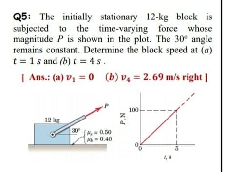 Q5: The initially stationary 12-kg block is
subjected to the time-varying force whose
magnitude P is shown in the plot. The 30° angle
remains constant. Determine the block speed at (a)
t = 1 s and (b) t = 4 s.
| Ans.: (a) v1 = 0 (b) v4 = 2.69 m/s right]
100
12 kg
30
(Hy=0.50
H =0.40
5
1,8
P,N
