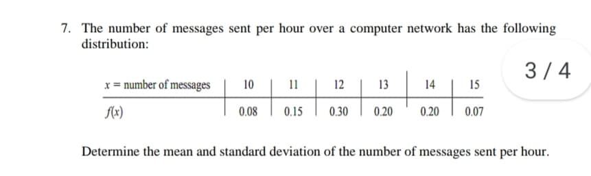 0.20 | 007
7. The number of messages sent per hour over a computer network has the following
distribution:
3/4
x = number of messages
10
11
12
13
14
15
f(x)
0.08
0.15
0.30
0.20
Determine the mean and standard deviation of the number of messages sent per hour.
