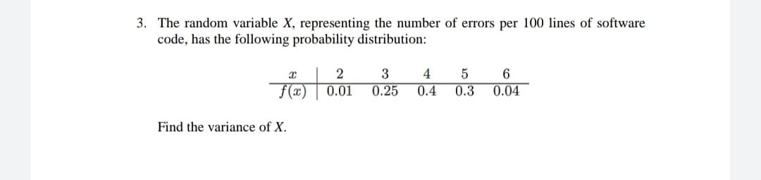 3. The random variable X, representing the number of errors per 100 lines of software
code, has the following probability distribution:
2
3
4
6
f(x)
0.01
0.25
0.4
0.3
0.04
Find the variance of X.
