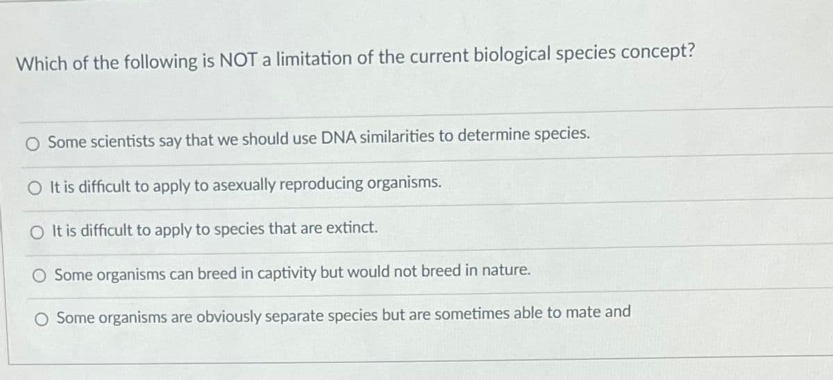 Which of the following is NOT a limitation of the current biological species concept?
O Some scientists say that we should use DNA similarities to determine species.
O It is difficult to apply to asexually reproducing organisms.
O It is difficult to apply to species that are extinct.
Some organisms can breed in captivity but would not breed in nature.
Some organisms are obviously separate species but are sometimes able to mate and