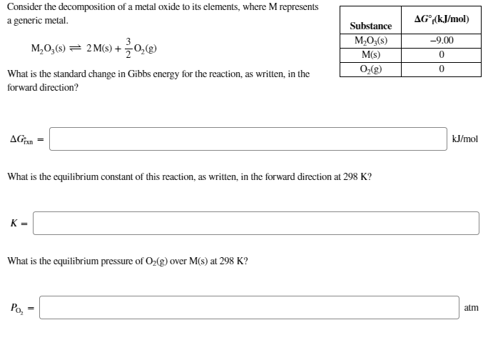 Consider the decomposition of a metal oxide to its elements, where M represents
a generic metal.
AG°(kJ/mol)
Substance
-9.00
M,0,(s) = 2 M(s) +0,@)
M,0;(s)
M(s)
What is the standard change in Gibbs energy for the reaction, as written, in the
forward direction?
AGAN
kJ/mol
What is the equilibrium constant of this reaction, as written, in the forward direction at 298 K?
K =
What is the equilibrium pressure of O2(g) over M(s) at 298 K?
Ро,
atm
