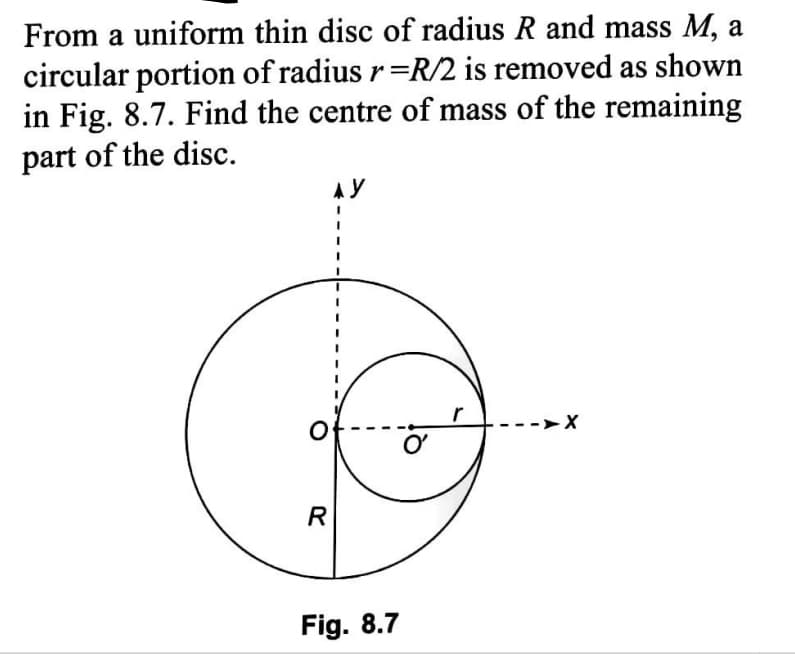 From a uniform thin disc of radius R and mass M, a
circular portion of radius r=R/2 is removed as shown
in Fig. 8.7. Find the centre of mass of the remaining
part of the disc.
AY
R
Fig. 8.7
