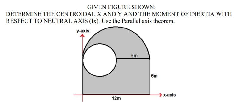 GIVEN FIGURE SHOWN:
DETERMINE THE CENTROIDAL X AND Y AND THE MOMENT OF INERTIA WITH
RESPECT TO NEUTRAL AXIS (Ix). Use the Parallel axis theorem.
уахis
6m
6m
→ x-axis
12m
