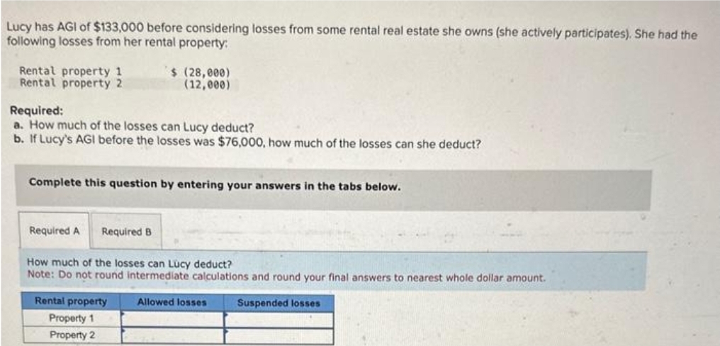 Lucy has AGI of $133,000 before considering losses from some rental real estate she owns (she actively participates). She had the
following losses from her rental property:
Rental property 1
Rental property 2
Required:
a. How much of the losses can Lucy deduct?
b. If Lucy's AGI before the losses was $76,000, how much of the losses can she deduct?
$ (28,000)
(12,000)
Complete this question by entering your answers in the tabs below.
Required A Required B
How much of the losses can Lucy deduct?
Note: Do not round intermediate calculations and round your final answers to nearest whole dollar amount.
Allowed losses
Suspended losses
Rental property
Property 1
Property 2