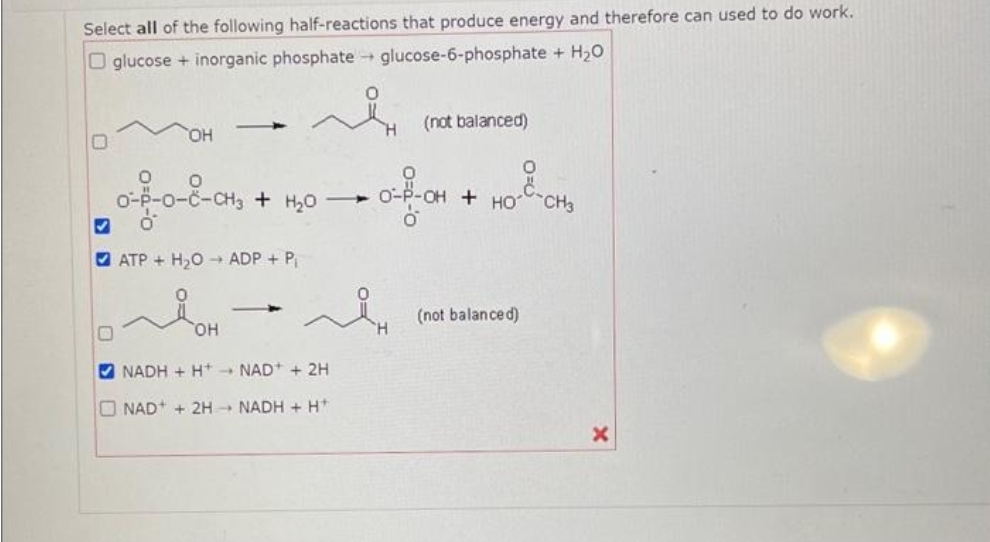 Select all of the following half-reactions that produce energy and therefore can used to do work.
O glucose + inorganic phosphate glucose-6-phosphate + H₂O
OO
OH
0
O
O-P-0-C-CH3 + H₂OO-P-OH + HO-CH3
0²-8-04
o
ATP + H₂O → ADP + P₁
IOH
OH
NADH + H+
NAD+ + 2H
له
(not balanced)
NAD+ + 2H
NADH + H+
(not balanced)