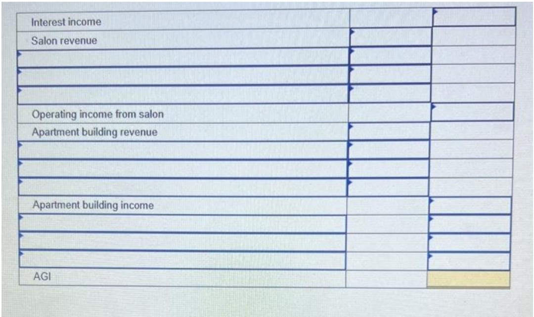 Interest income
Salon revenue
Operating income from salon
Apartment building revenue
Apartment building income
AGI