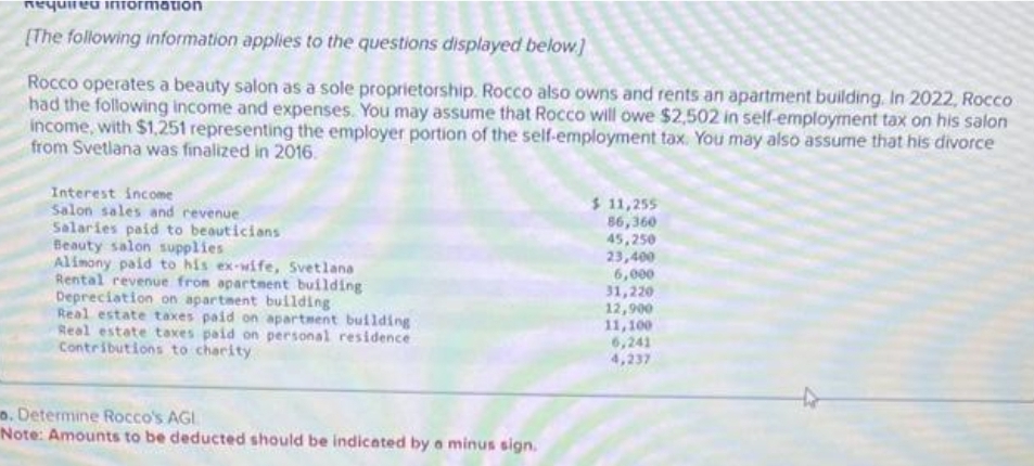 Required information
[The following information applies to the questions displayed below]
Rocco operates a beauty salon as a sole proprietorship. Rocco also owns and rents an apartment building. In 2022, Rocco
had the following income and expenses. You may assume that Rocco will owe $2,502 in self-employment tax on his salon
income, with $1,251 representing the employer portion of the self-employment tax. You may also assume that his divorce
from Svetlana was finalized in 2016.
Interest income
Salon sales and revenue
Salaries paid to beauticians
Beauty salon supplies
Alimony paid to his ex-wife, Svetlana
Rental revenue from apartment building
Depreciation on apartment building
Real estate taxes paid on apartment building
Real estate taxes paid on personal residence
Contributions to charity
o. Determine Rocco's AGL
Note: Amounts to be deducted should be indicated by a minus sign.
$11,255
86,360
45,250
23,400
6,000
31,220
12,900
11,100
6,241
4,237