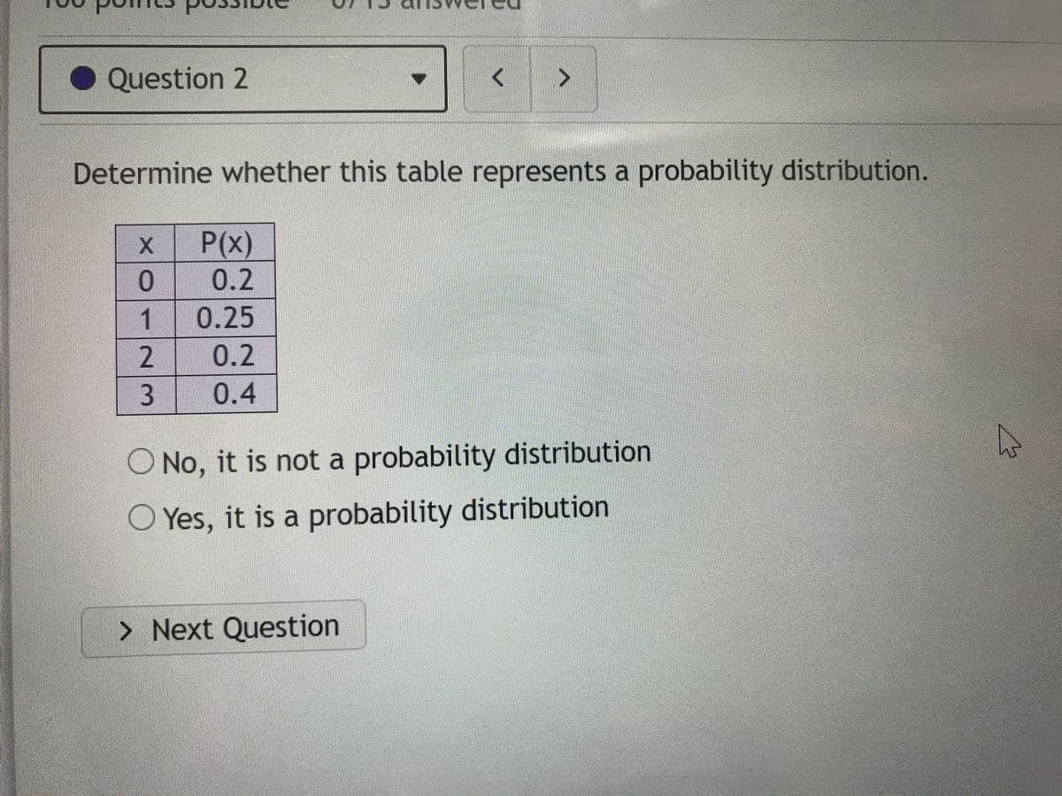 ● Question 2
Determine whether this table represents a probability distribution.
x P(x)
0 0.2
1 0.25
2
0.2
3 0.4
O No, it is not a probability distribution
O Yes, it is a probability distribution
> Next Question
