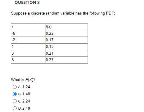 QUESTION 8
Suppose a discrete random variable has the following PDF:
X
-5
-2
1
3
8
What is E(X)?
O A. 1.24
B. 1.48
C. 2.24
O D. 2.48
f(x)
0.22
0.17
0.13
0.21
0.27