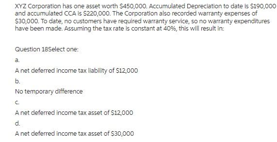 XYZ Corporation has one asset worth $450,000. Accumulated Depreciation to date is $190,000
and accumulated CCA is $220,000. The Corporation also recorded warranty expenses of
$30,000. To date, no customers have required warranty service, so no warranty expenditures
have been made. Assuming the tax rate is constant at 40%, this will result in:
Question 18Select one:
a.
A net deferred income tax liability of $12,000
b.
No temporary difference
C.
A net deferred income tax asset of $12,000
d.
A net deferred income tax asset of $30,000