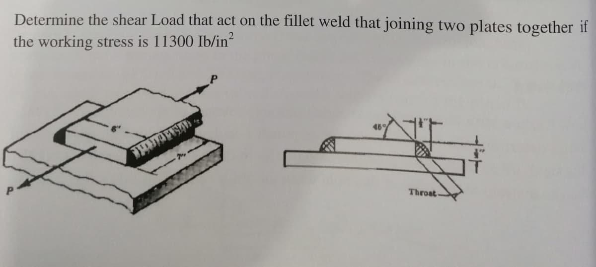 Determine the shear Load that act on the fillet weld that joining two plates together if
the working stress is 11300 Ib/in²
Throat