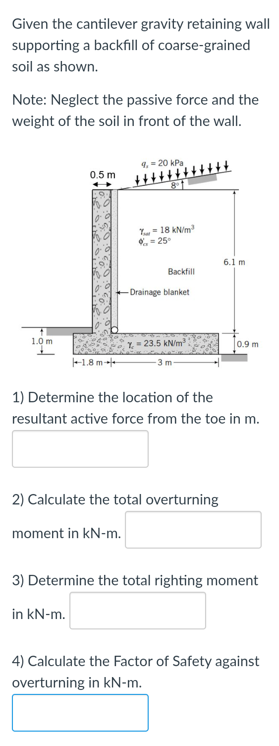 Given the cantilever gravity retaining wall
supporting a backfill of coarse-grained
soil as shown.
Note: Neglect the passive force and the
weight of the soil in front of the wall.
1.0 m
0.5 m
1.8 m
9, = 20 kPa
moment in kN-m.
in kN-m.
8°
Ysat =
%= 25°
kN/m³
Backfill
Drainage blanket
Y = 23.5 kN/m³
-3 m
2) Calculate the total overturning
1) Determine the location of the
resultant active force from the toe in m.
6.1 m
0.9 m
3) Determine the total righting moment
4) Calculate the Factor of Safety against
overturning in kN-m.