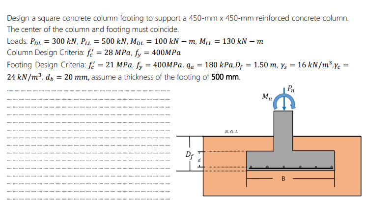 Design a square concrete column footing to support a 450-mm x 450-mm reinforced concrete column.
The center of the column and footing must coincide.
Loads: PDL = 300 kN, PLL = 500 KN, MDL = 100 kNm, MLL = 130 kN - m
Column Design Criteria: f = 28 MPa, fy = 400MPa
Footing Design Criteria: f = 21 MPa, fy = 400MPa, qa = 180 kPa,Df = 1.50 m. ys = 16 kN/m³Yc =
24 kN/m³, db = 20 mm, assume a thickness of the footing of 500 mm.
sa se sa s
*****
un mun mn na um an un men na sm an un me na mn an um an un nu na un an um menn
*
mm an un ma un ir nn un ma na mi sn ne na s me na im na in m m mn
***************
D₁
d
********
N.G.L
Mn
B