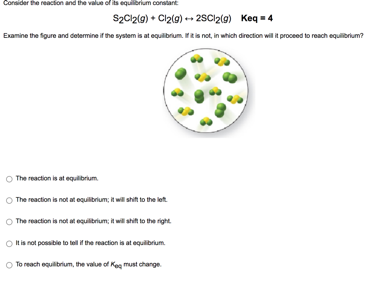 Consider the reaction and the value of its equilibrium constant:
S2C12(g) + Cl2(g) → 2SCI2(g) Keq = 4
Examine the figure and determine if the system is at equilibrium. If it is not, in which direction will it proceed to reach equilibrium?
The reaction is at equilibrium.
The reaction is not at equilibrium; it will shift to the left.
The reaction is not at equilibrium; it will shift to the right.
It is not possible to tell if the reaction is at equilibrium.
To reach equilibrium, the value of Keg must change.
